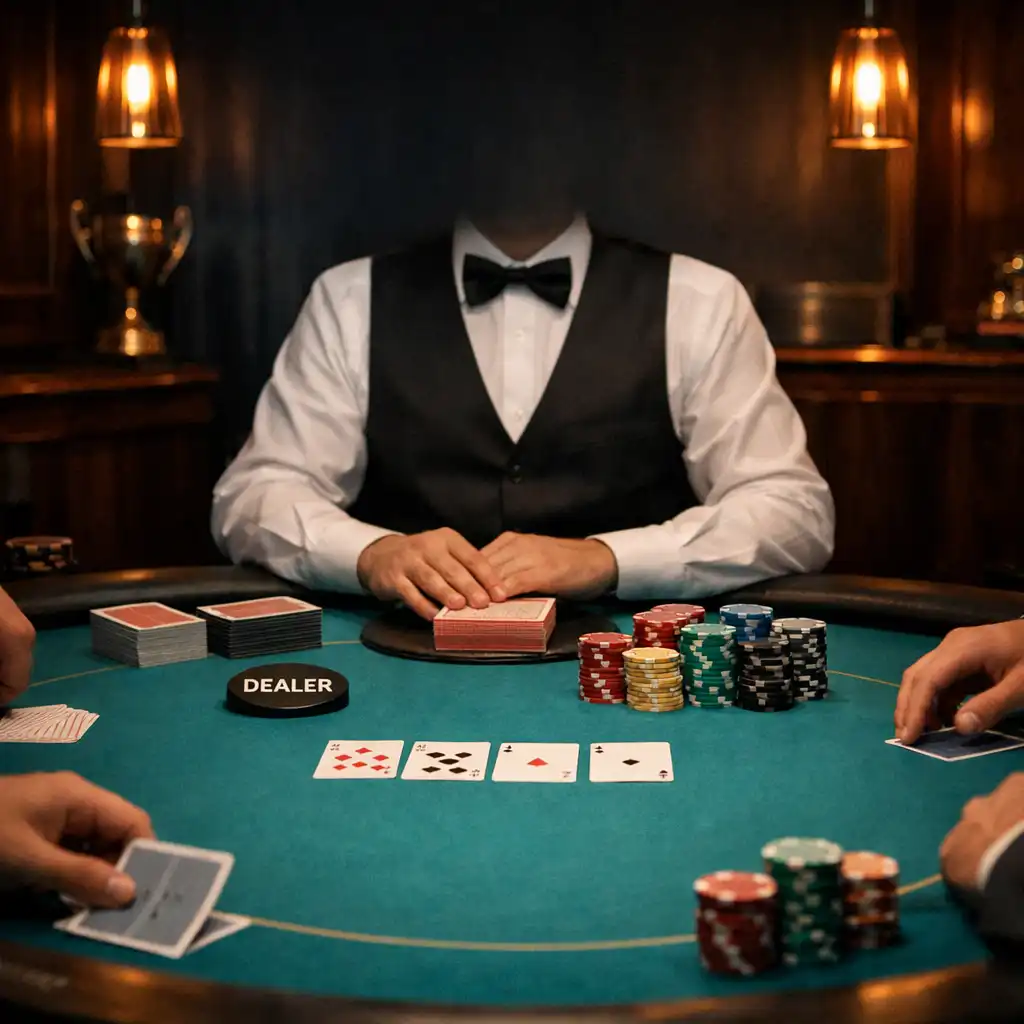 Privát poker salon zöldes filcasztallal és fizikai tournament chipekkel