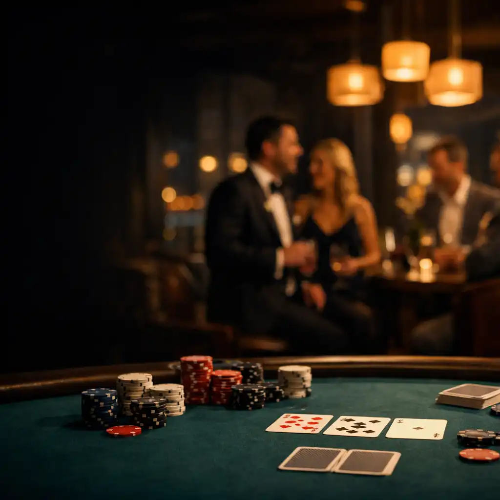 Elegáns privát poker lounge fizikai zsetonokkal és borostyán fényekkel