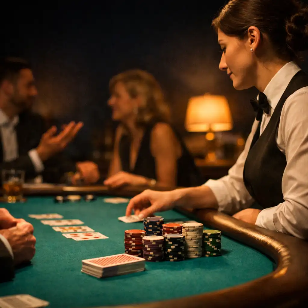Privát poker lounge zöldes filcasztallal, fizikai zsetonokkal és élő dealerrel