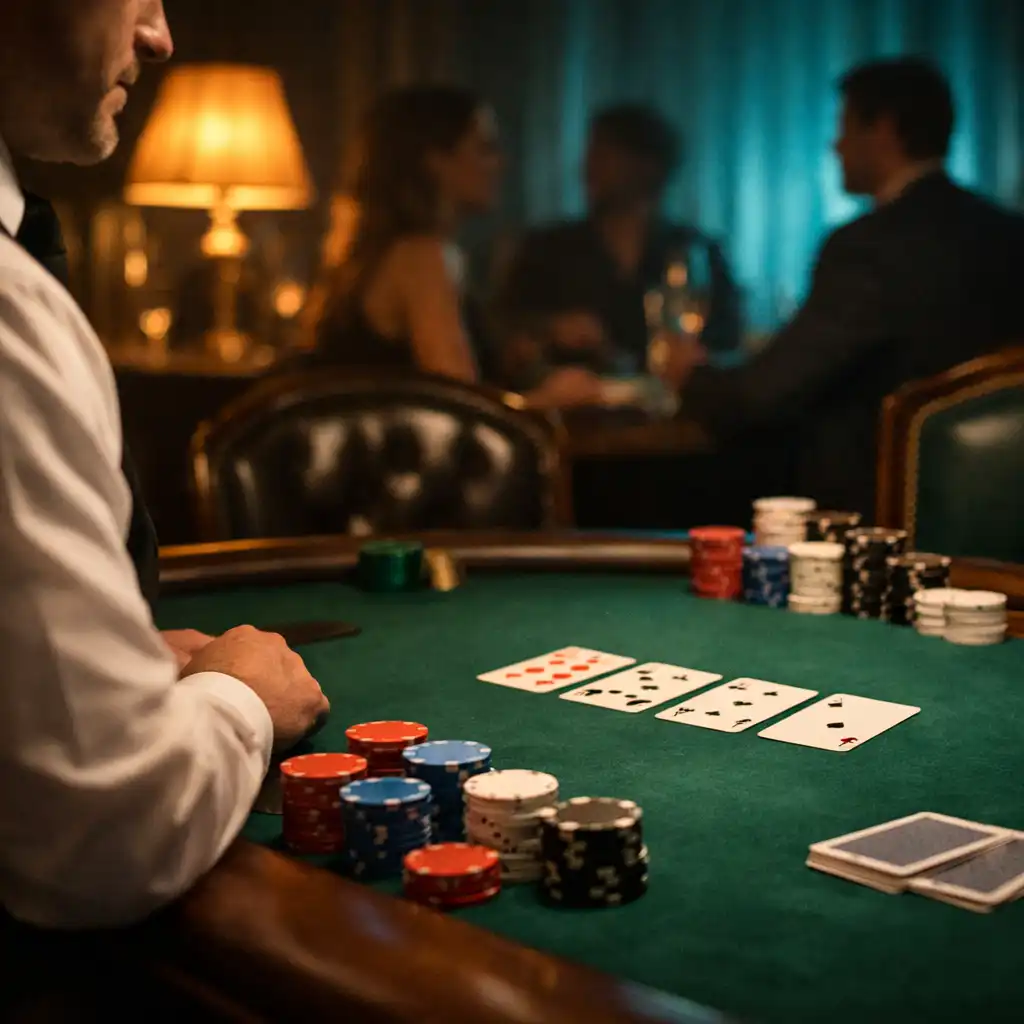 Elegáns privát offline poker salon zöld filcasztallal és fizikai tournament chipekkel