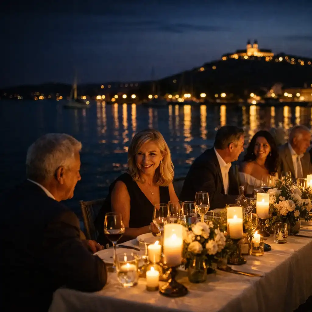 Elegáns privát születésnapi vacsora vízparti esti fényekkel