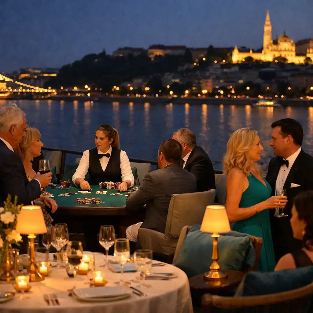 Privát vízparti esti rendezvény elegáns vacsorával és poker asztallal